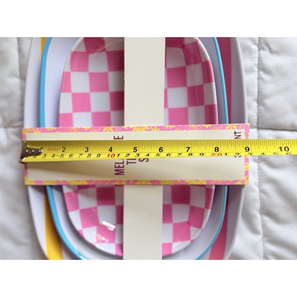 Bright, Fun 3 Melamine Serving Tray Set 3pc Rounded Rectangle Pink Checkered NEW - Picture 3 of 4